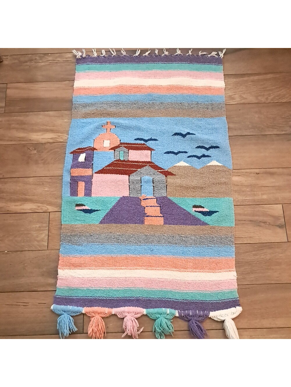 Vintage Mexican Houses church Pastel Wall Hanging decor Tapestry art woven